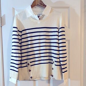 Joan Rivers Striped‎ Sweater With Woven Collar And Cuffs Ivory Medium A653581
